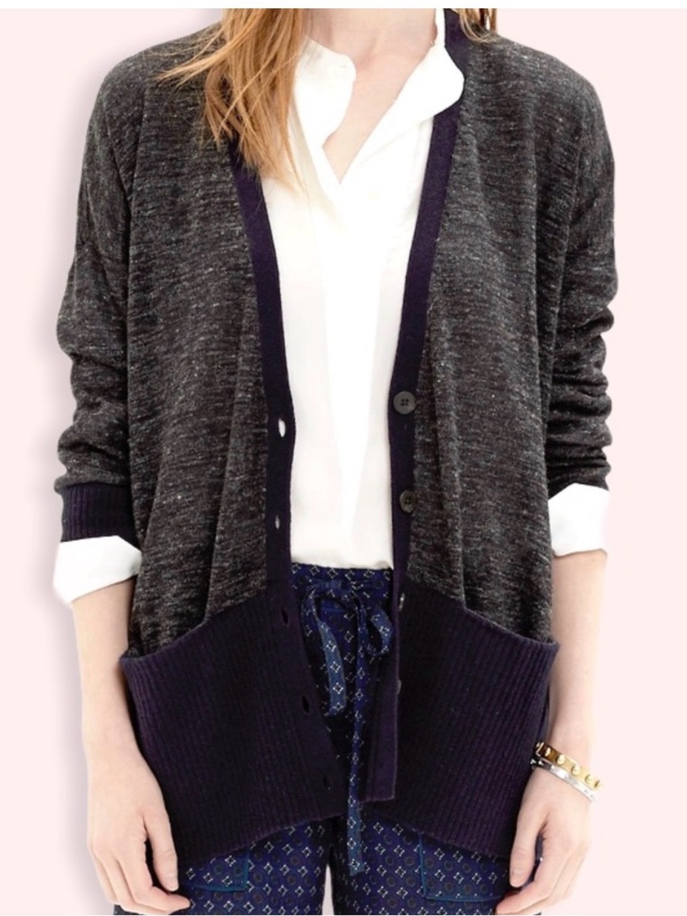 Madewell Yarnmix V-Neck Contrast Cardigan (Style A9366) Size XS gray/navy